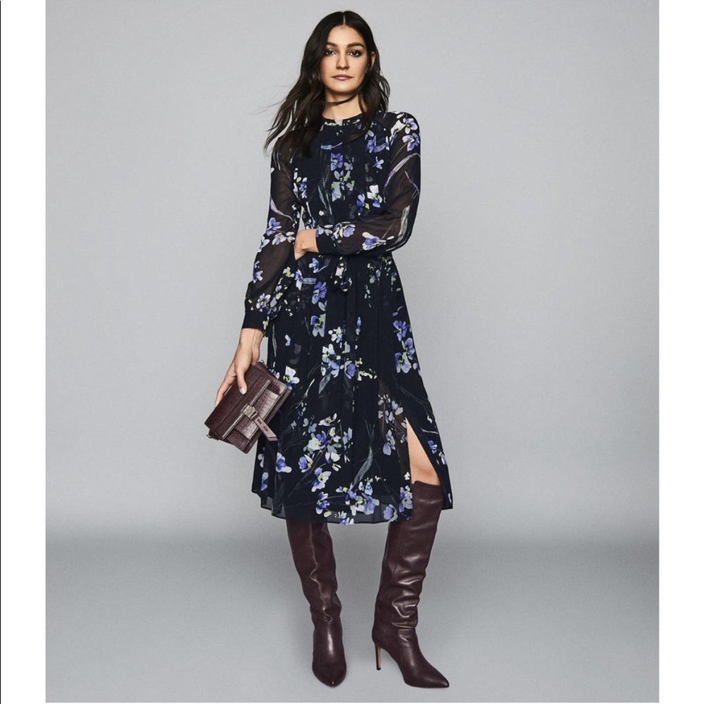 Reiss Navy Floral Midi Dress with Lavender and Green Accents - Picture 3 of 16